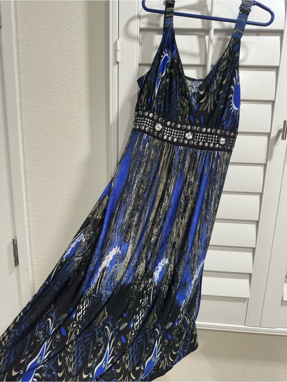 Royal Blue and Black Maxi Dress with Studded Waist